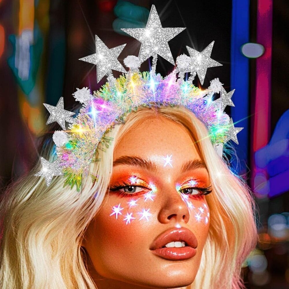Light Up Star Crown Headband Silver LED Celestial Halo Hair Accessory for Women